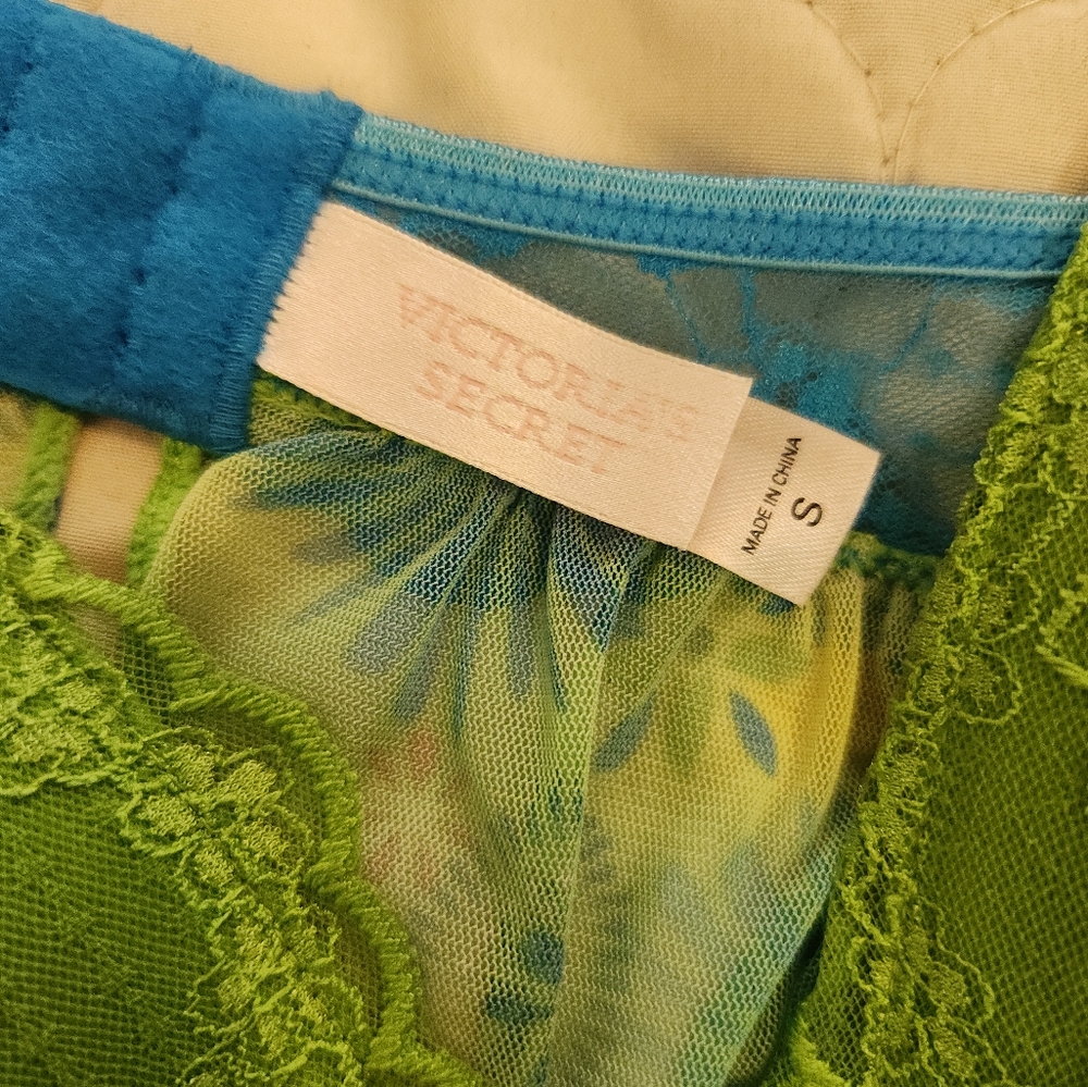 Y2K 2006 Victoria's Secret S Green & Blue Lace Sheer Babydoll Cami Chemise Top - Picture 9 of 15
